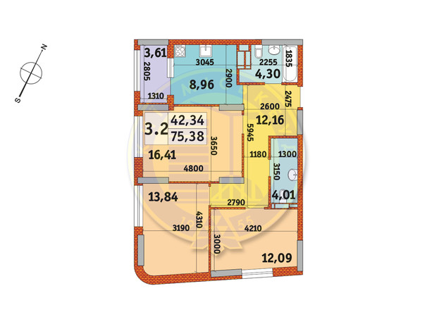 ЖК Urban Park: планировка 3-комнатной квартиры 75.38 м²