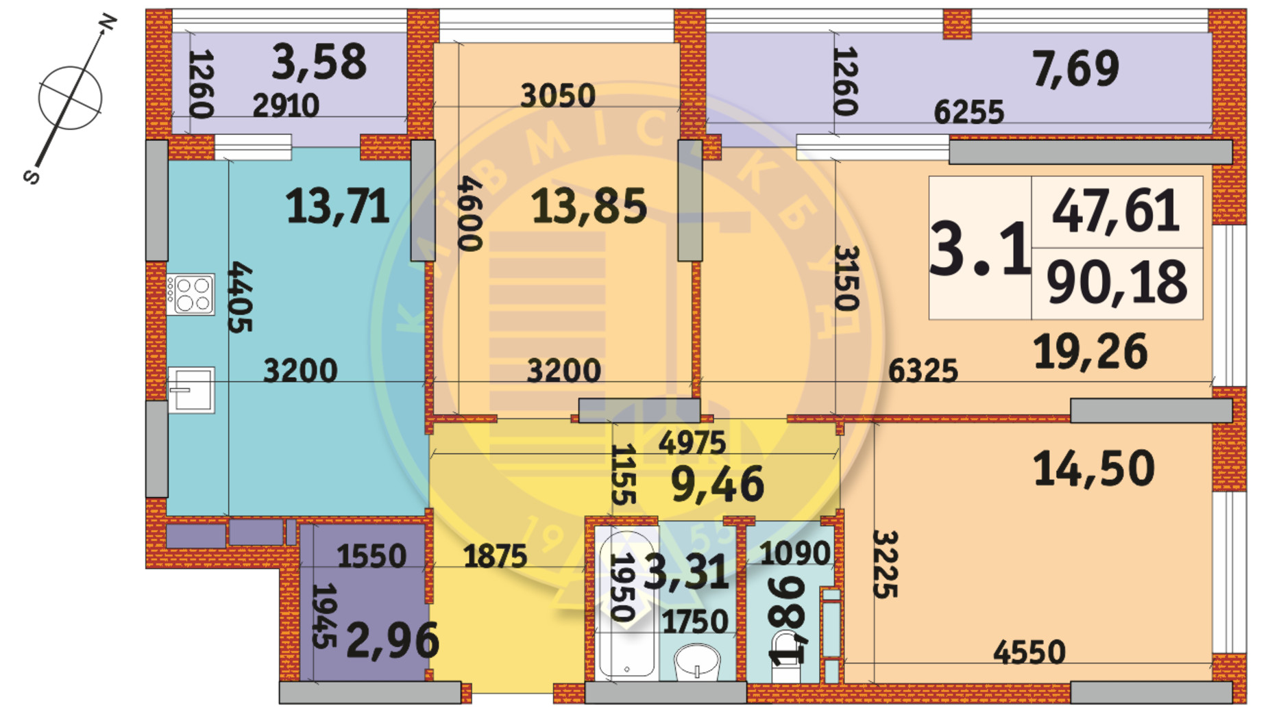 Планування 3-кімнатної квартири в ЖК Urban Park 90.18 м², фото 233727