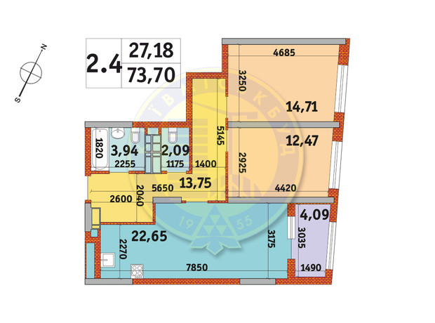 ЖК Urban Park: планировка 2-комнатной квартиры 73.7 м²