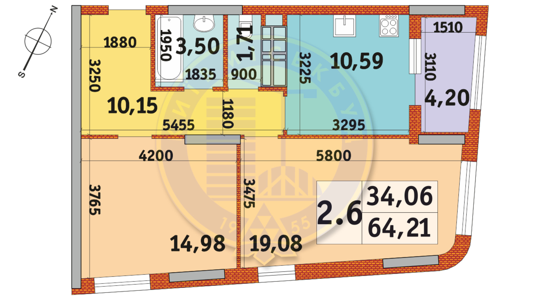 Планировка 2-комнатной квартиры в ЖК Urban Park 64.21 м², фото 233733