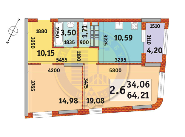 ЖК Urban Park: планировка 2-комнатной квартиры 64.21 м²