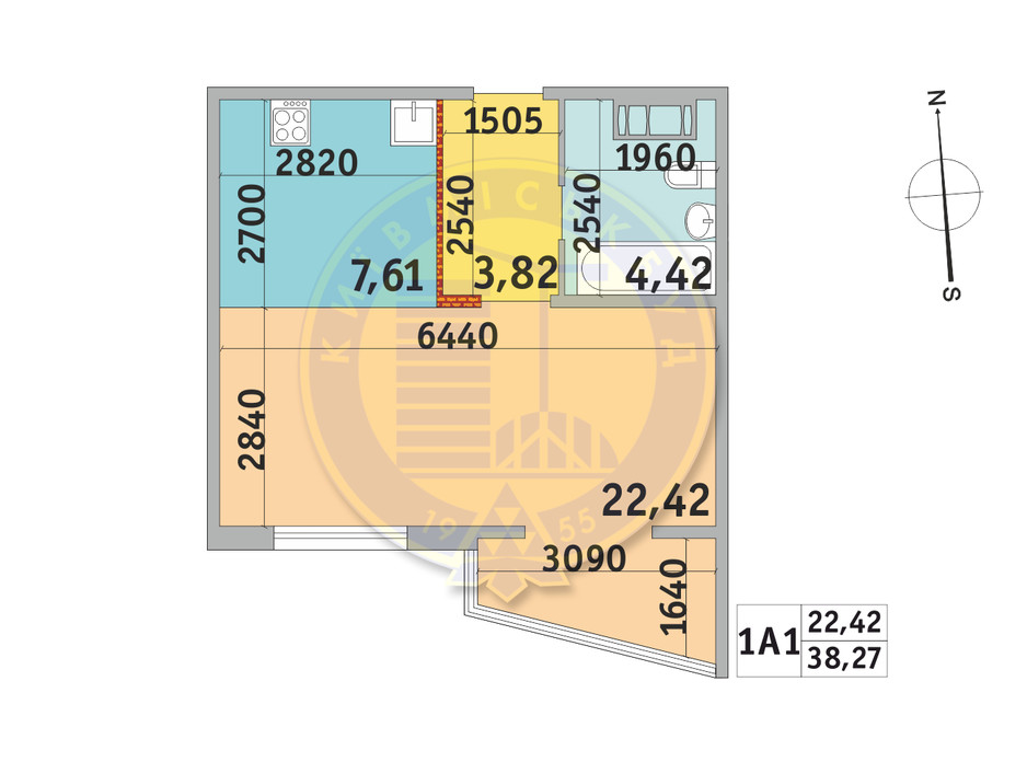 Планування 1-кімнатної квартири в ЖК Мілос 38.27 м², фото 233737 Планування 1-кімнатної квартири в ЖК Мілос 38.27 м², фото 233737