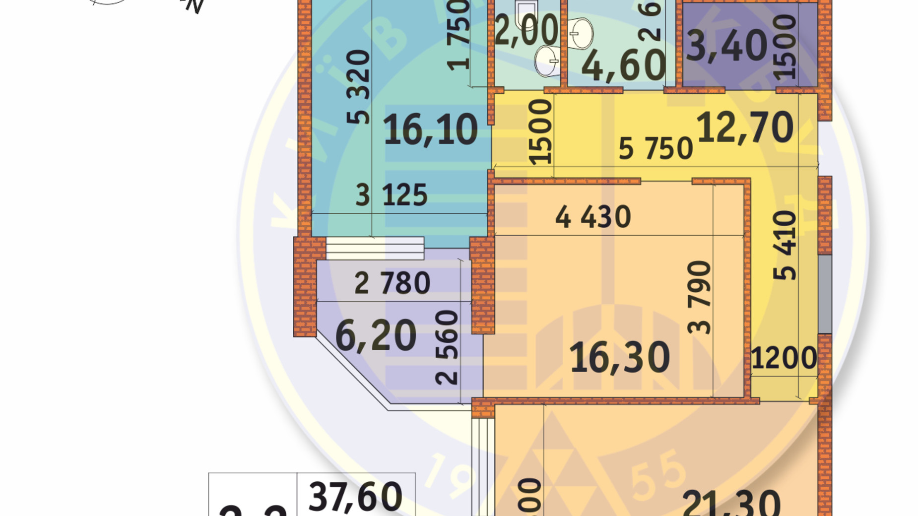 Планировка 2-комнатной квартиры в ЖК Шевченковский 82.6 м², фото 233752