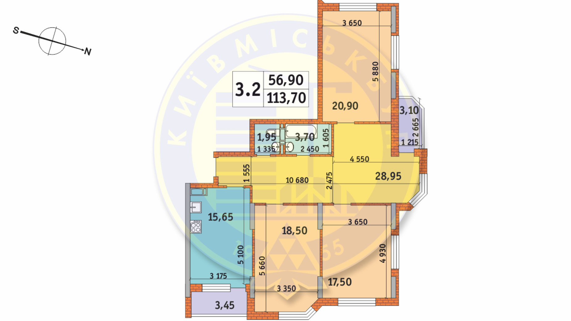 Планировка 3-комнатной квартиры в ЖК Шевченковский 113.7 м², фото 233754