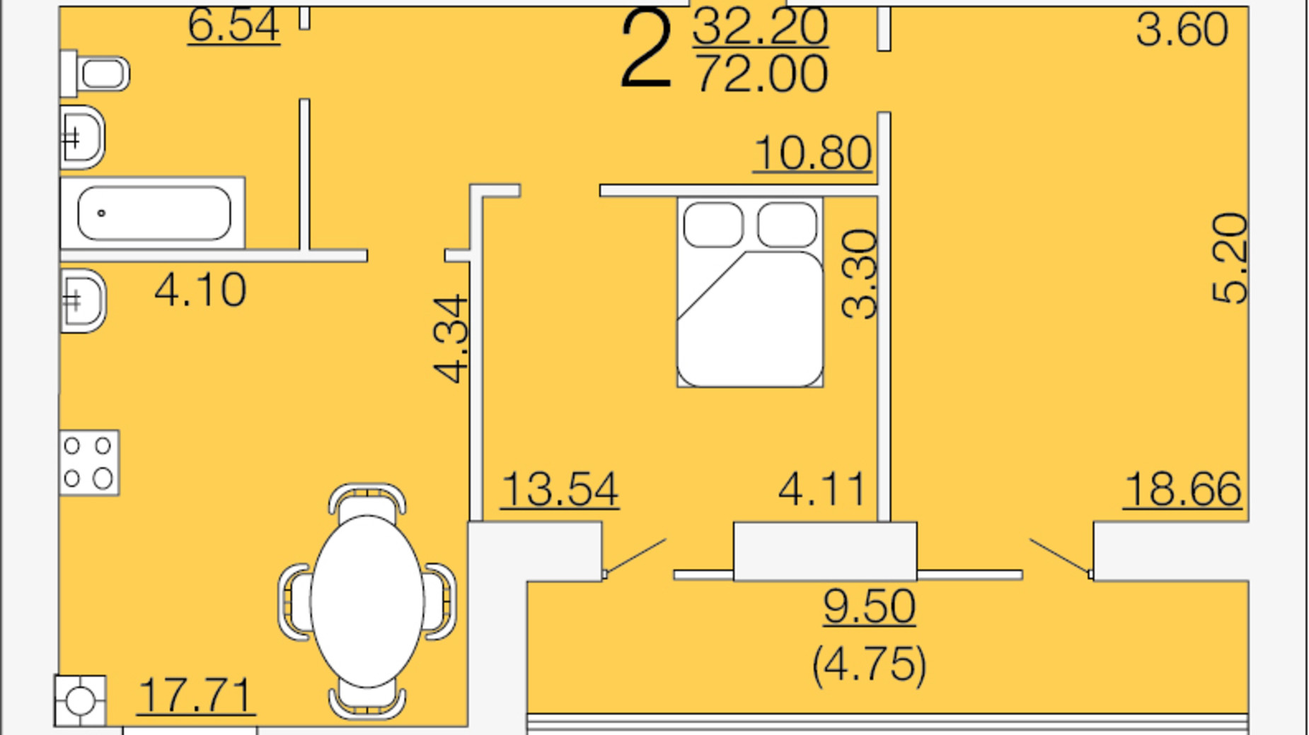 Планировка 2-комнатной квартиры в ЖК Апельсин 72 м², фото 233885