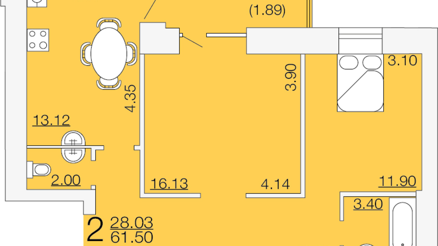 Планування 2-кімнатної квартири в ЖК Апельсин 61.5 м², фото 233894