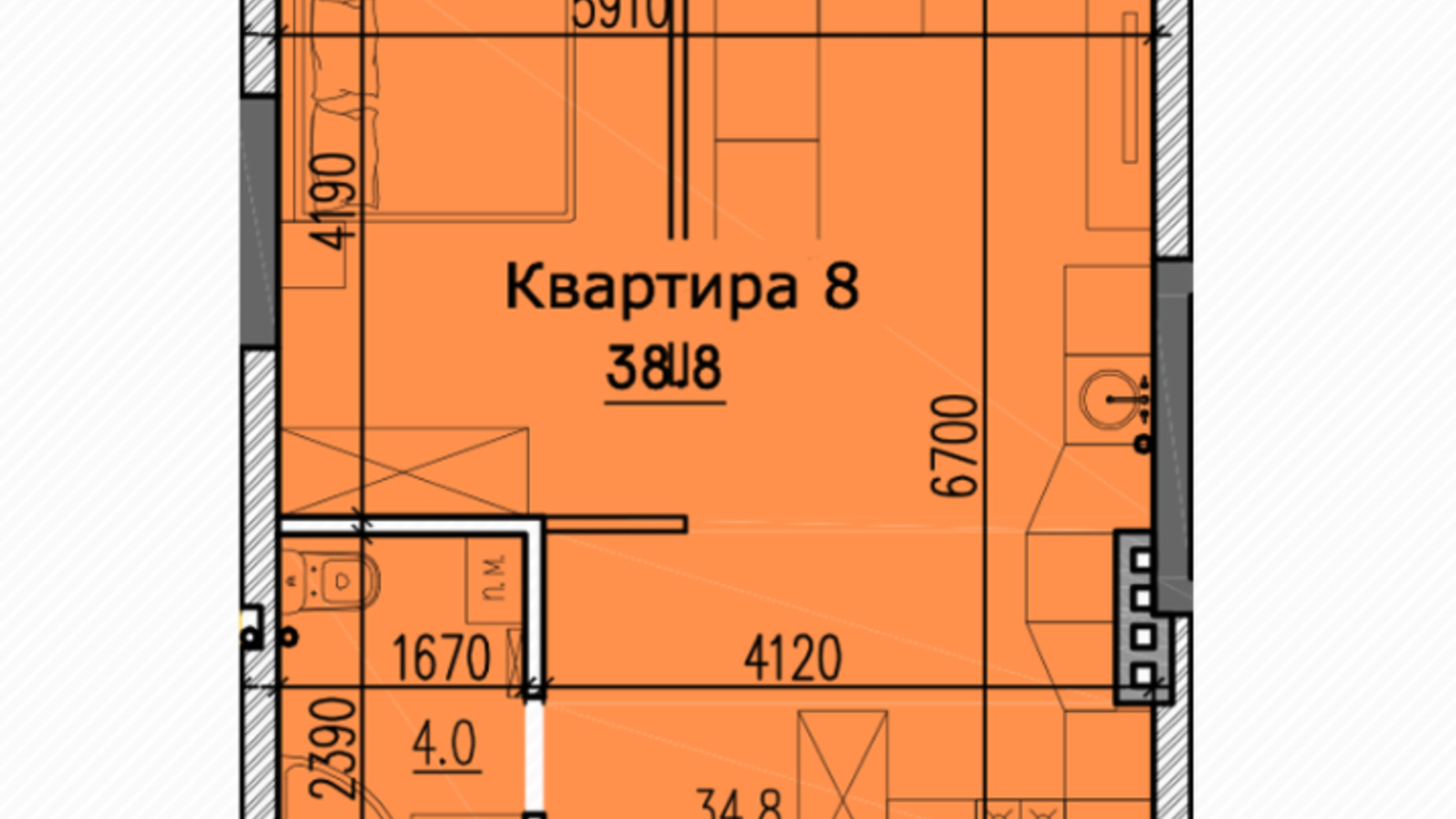 Планування 1-кімнатної квартири в ЖК Classic Hall 38.8 м², фото 234088