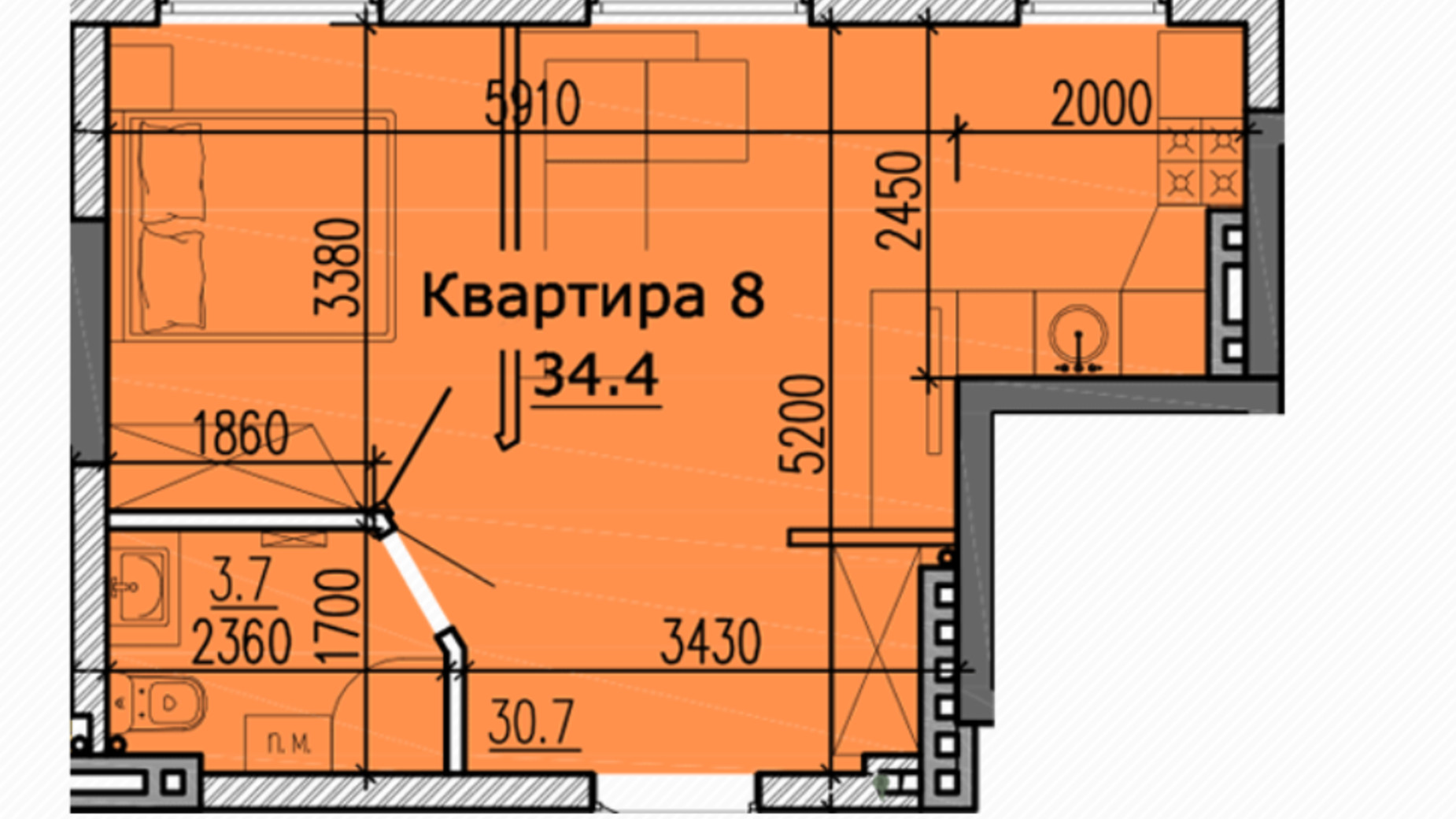 Планування 1-кімнатної квартири в ЖК Classic Hall 34.4 м², фото 234095