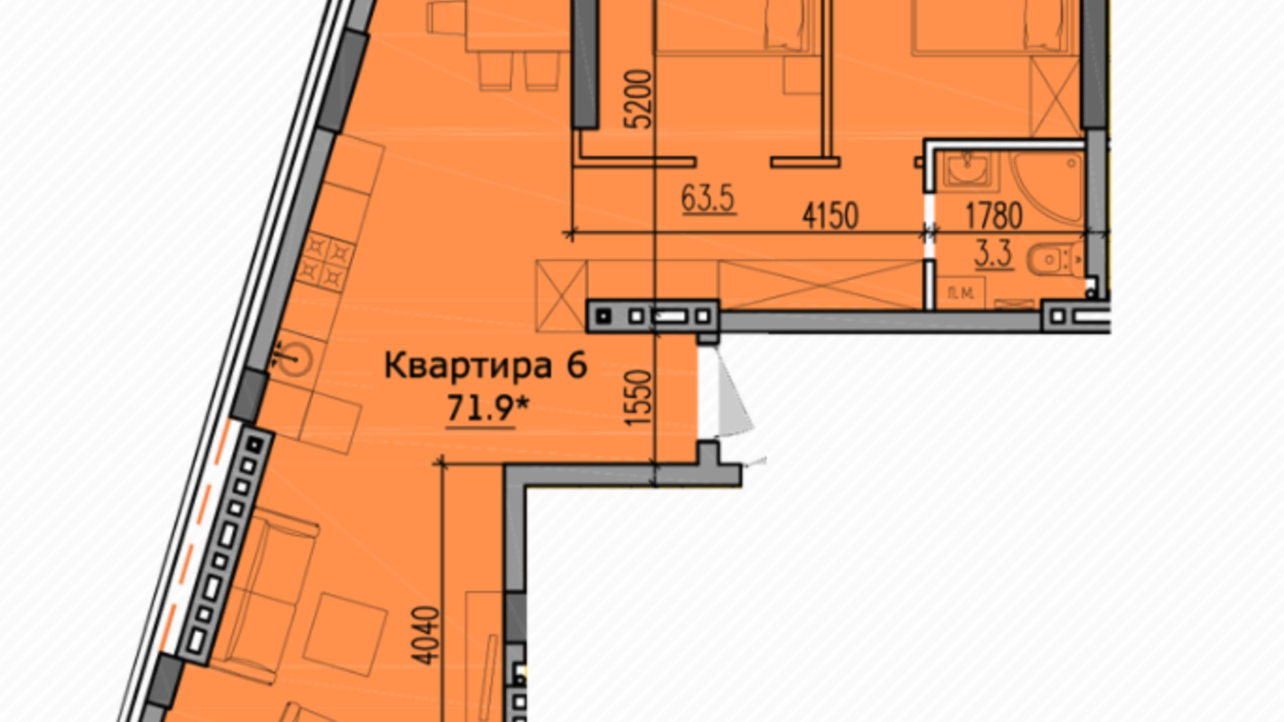 Планировка 1-комнатной квартиры в ЖК Classic Hall 71.9 м², фото 234099