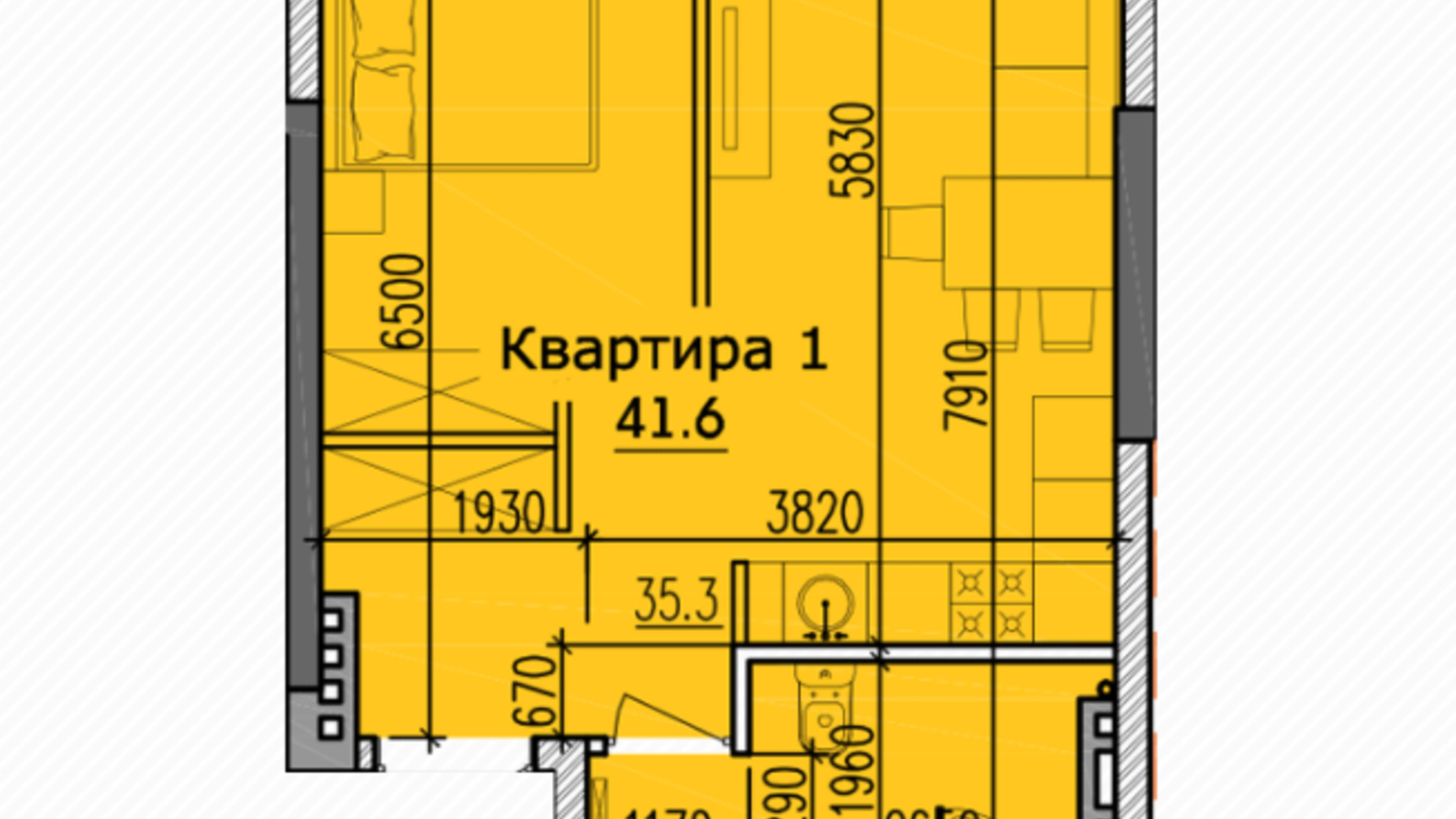 Планировка 1-комнатной квартиры в ЖК Classic Hall 41.6 м², фото 234100