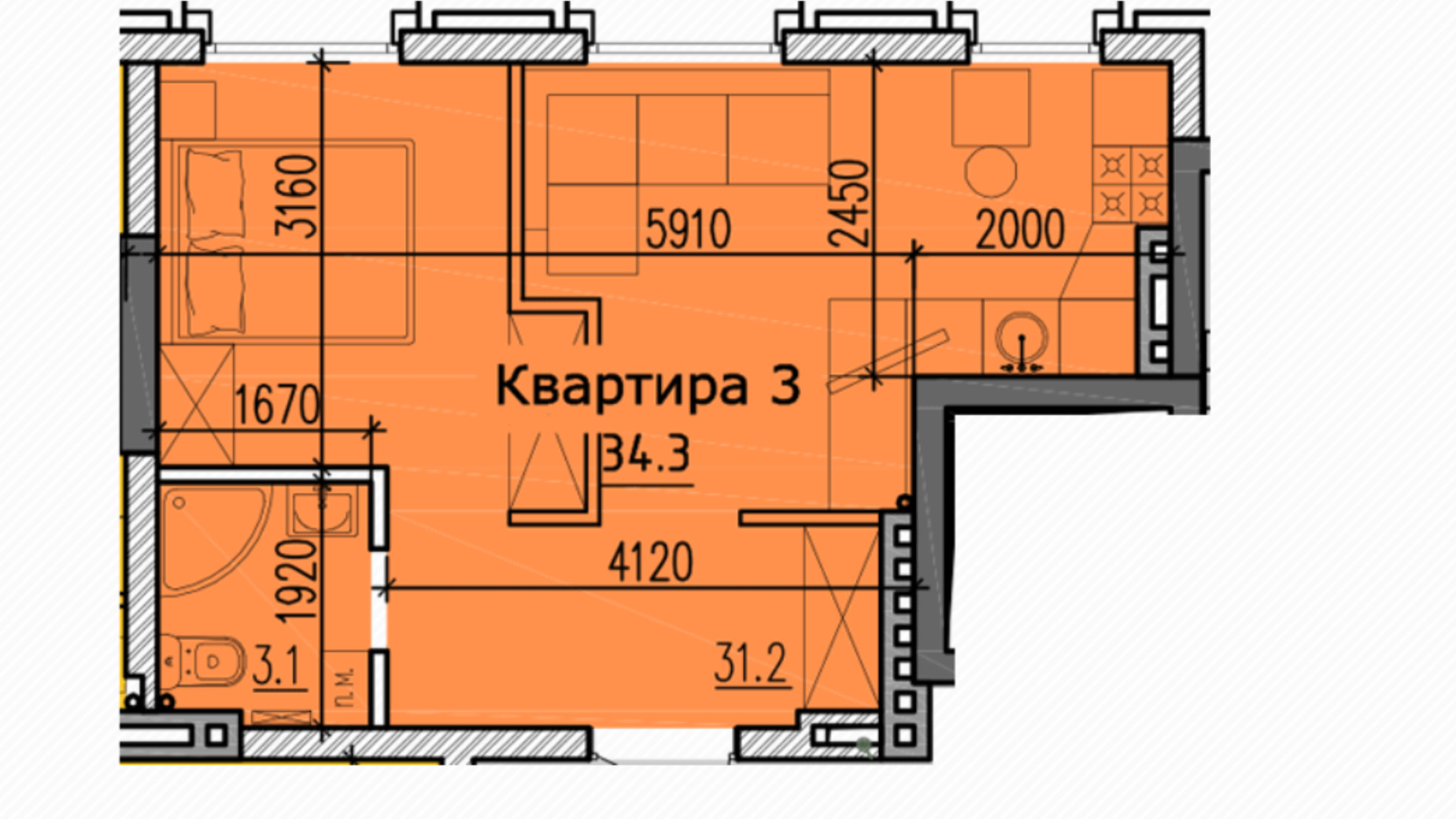 Планировка 1-комнатной квартиры в ЖК Classic Hall 34.3 м², фото 234112