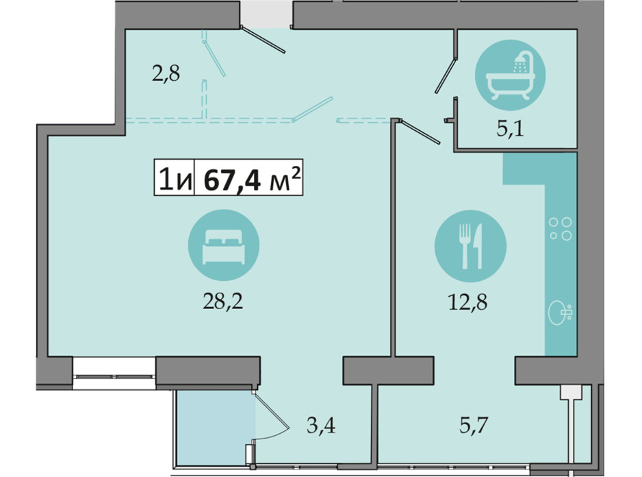 Планировка 1-комнатной квартиры в ЖК Днепровская Брама 2 67.4 м², фото 234254 Планировка 1-комнатной квартиры в ЖК Днепровская Брама 2 67.4 м², фото 234254