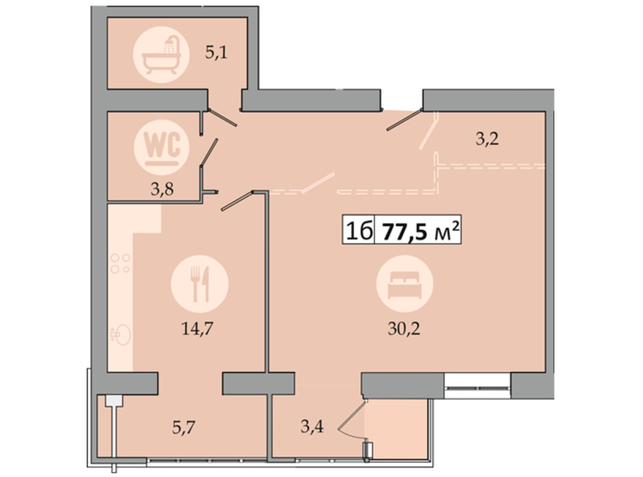 Планировка 1-комнатной квартиры в ЖК Днепровская Брама 2 77.5 м², фото 234256 Планировка 1-комнатной квартиры в ЖК Днепровская Брама 2 77.5 м², фото 234256