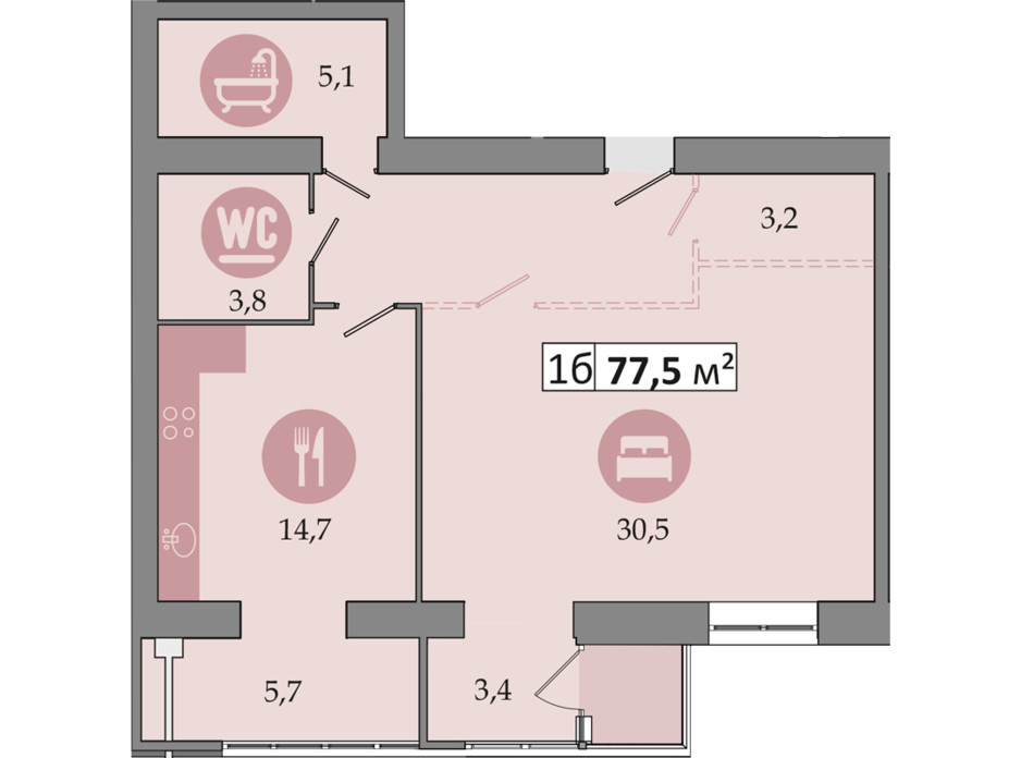 Планировка 1-комнатной квартиры в ЖК Днепровская Брама 2 77.5 м², фото 234257 Планировка 1-комнатной квартиры в ЖК Днепровская Брама 2 77.5 м², фото 234257