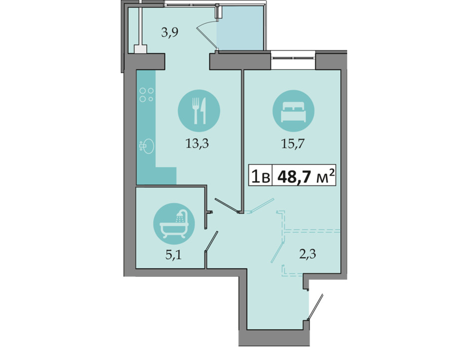 Планировка 1-комнатной квартиры в ЖК Днепровская Брама 2 48.7 м², фото 234259 Планировка 1-комнатной квартиры в ЖК Днепровская Брама 2 48.7 м², фото 234259
