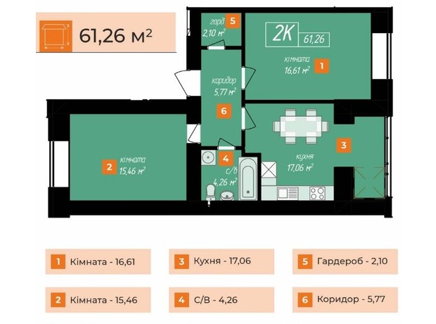 ЖК Козацкий: планировка 2-комнатной квартиры 61.26 м²