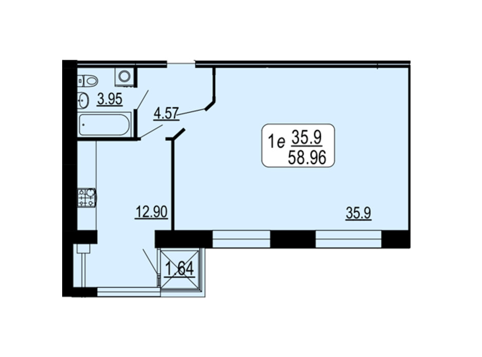 Планировка 1-комнатной квартиры в ЖК Семейный Comfort 58.96 м², фото 234287 Планировка 1-комнатной квартиры в ЖК Семейный Comfort 58.96 м², фото 234287
