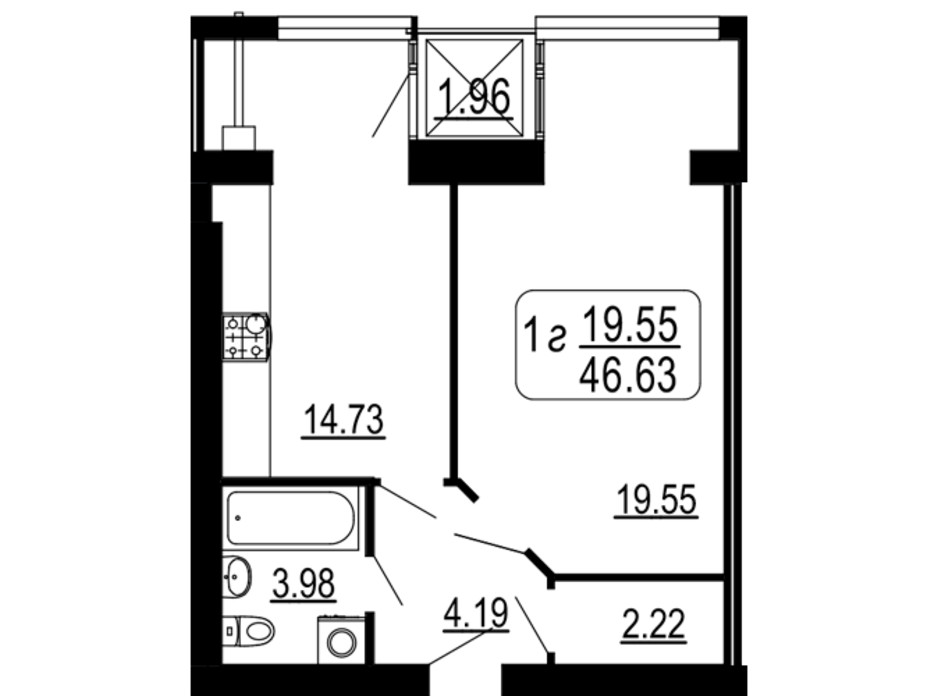 Планировка 1-комнатной квартиры в ЖК Семейный Comfort 46.63 м², фото 234294 Планировка 1-комнатной квартиры в ЖК Семейный Comfort 46.63 м², фото 234294