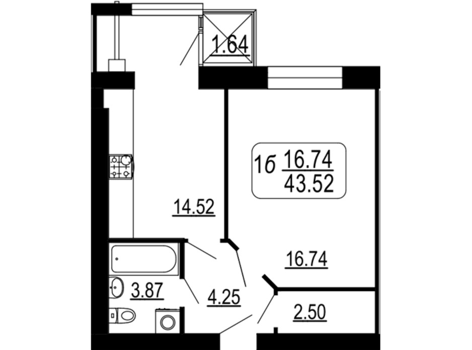 Планировка 1-комнатной квартиры в ЖК Семейный Comfort 43.52 м², фото 234296 Планировка 1-комнатной квартиры в ЖК Семейный Comfort 43.52 м², фото 234296