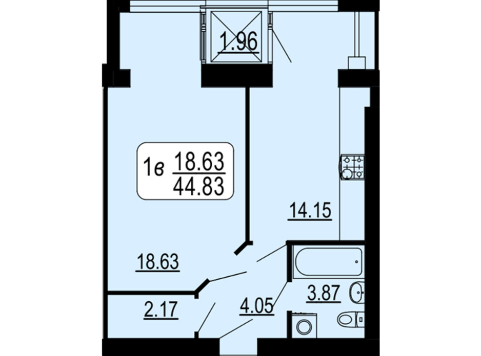 Планировка 1-комнатной квартиры в ЖК Семейный Comfort 44.83 м², фото 234297 Планировка 1-комнатной квартиры в ЖК Семейный Comfort 44.83 м², фото 234297