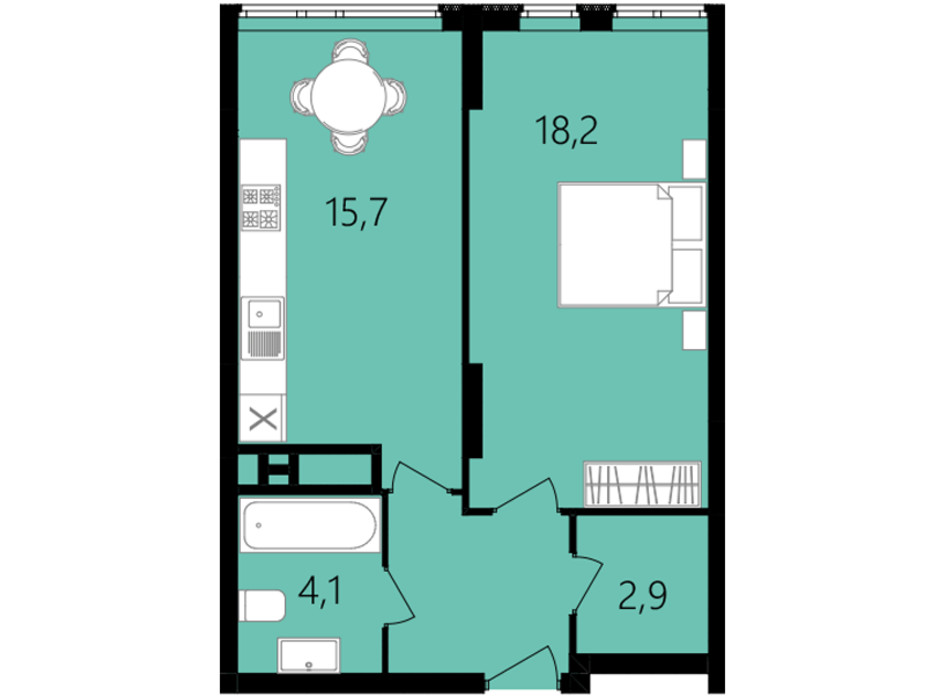 Планировка 1-комнатной квартиры в ЖК Лесопарковый 45.3 м², фото 234298 Планировка 1-комнатной квартиры в ЖК Лесопарковый 45.3 м², фото 234298