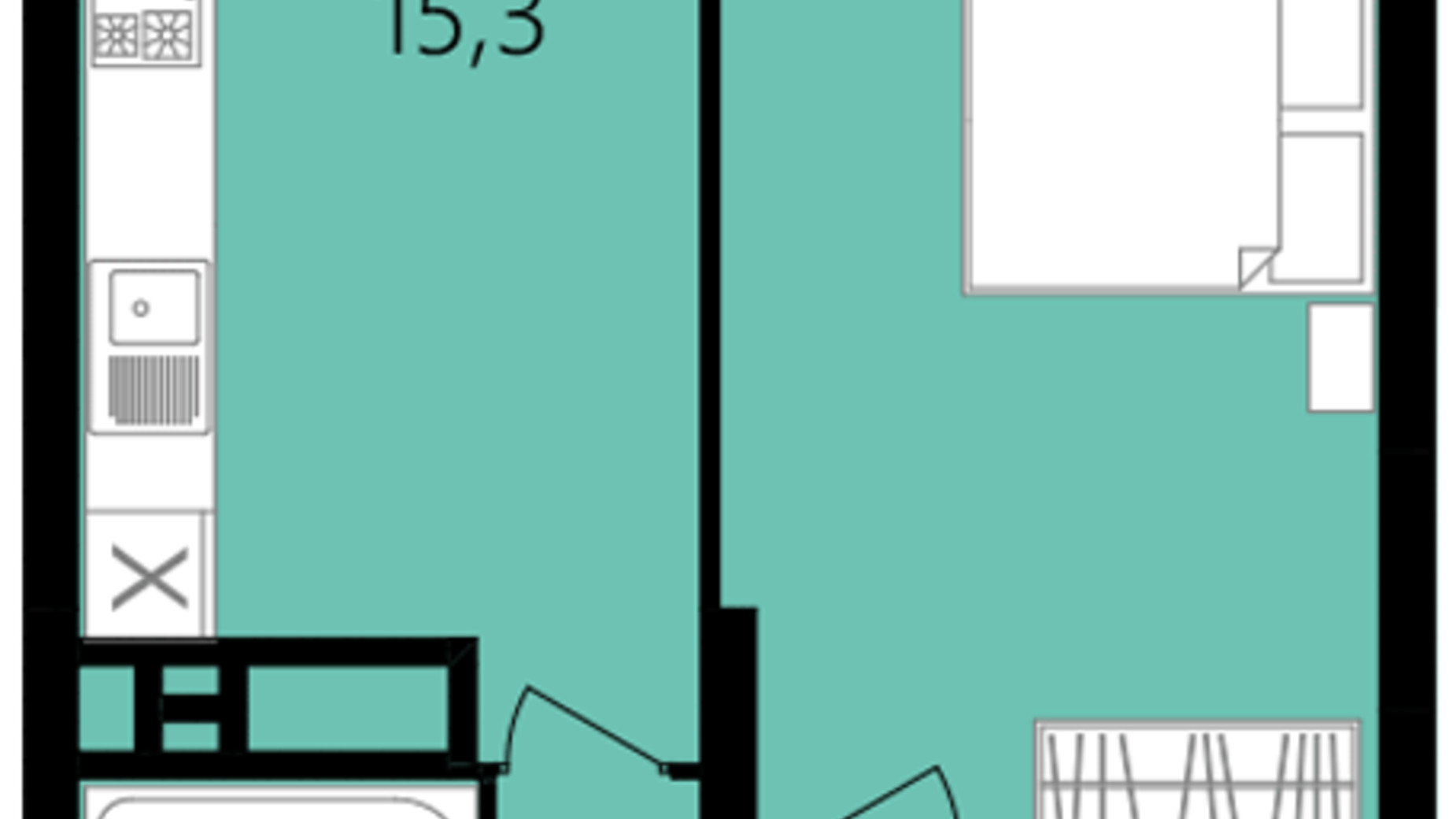 Планировка 1-комнатной квартиры в ЖК Лесопарковый 44.6 м², фото 234299