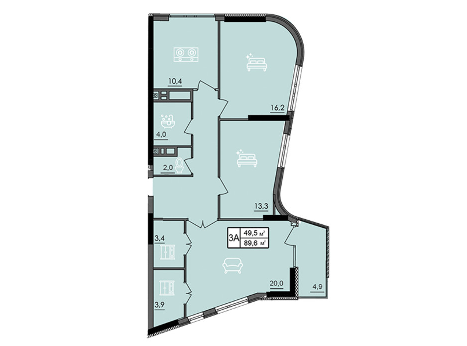 Планировка 3-комнатной квартиры в ЖК Лесопарковый 89.6 м², фото 234305 Планировка 3-комнатной квартиры в ЖК Лесопарковый 89.6 м², фото 234305