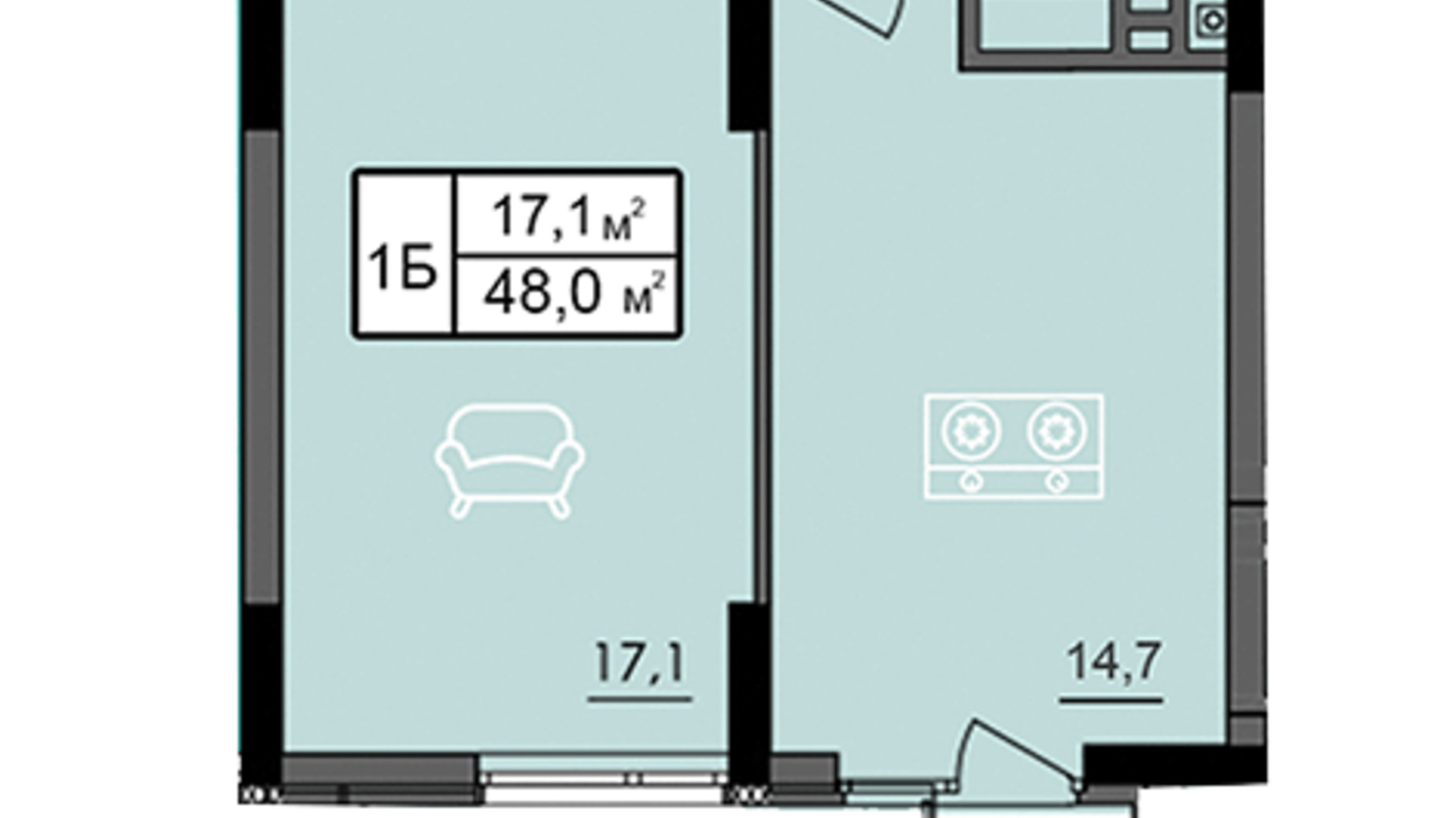 Планировка 1-комнатной квартиры в ЖК Лесопарковый 48 м², фото 234306