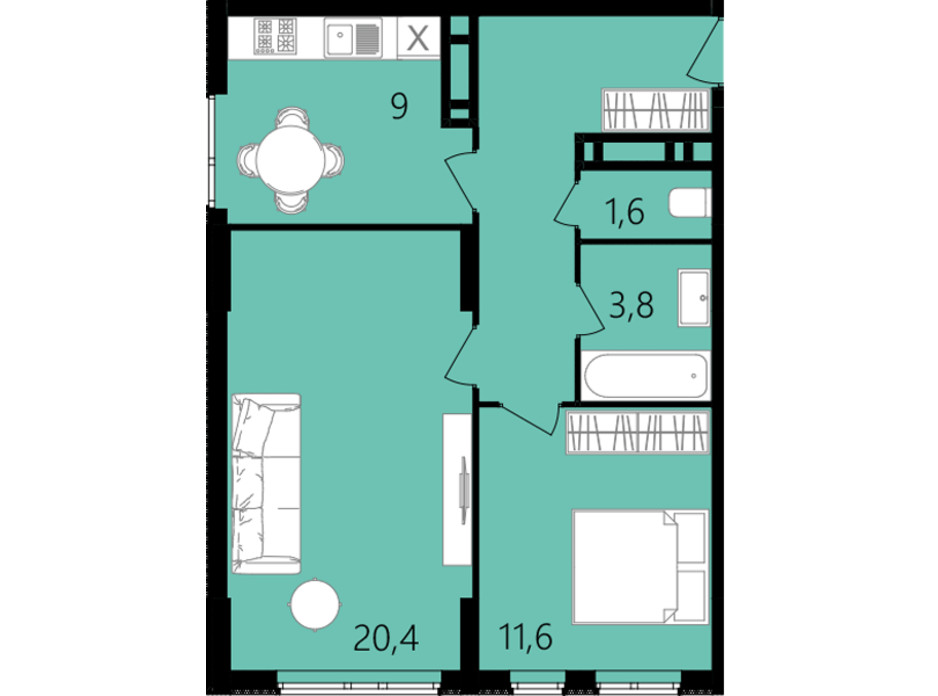 Планировка 2-комнатной квартиры в ЖК Лесопарковый 56 м², фото 234329 Планировка 2-комнатной квартиры в ЖК Лесопарковый 56 м², фото 234329