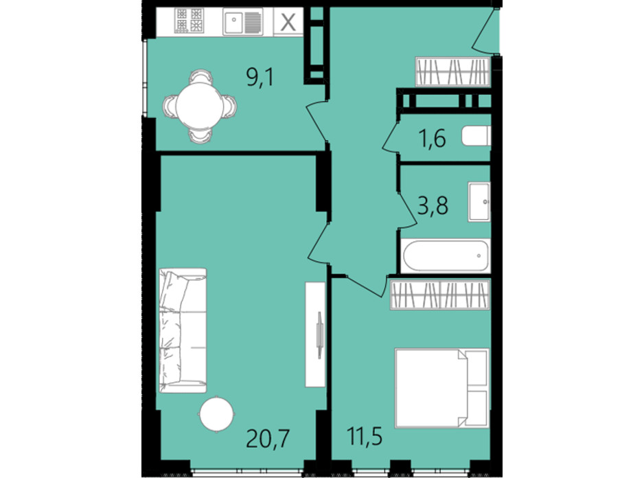 Планировка 2-комнатной квартиры в ЖК Лесопарковый 56.2 м², фото 234331 Планировка 2-комнатной квартиры в ЖК Лесопарковый 56.2 м², фото 234331