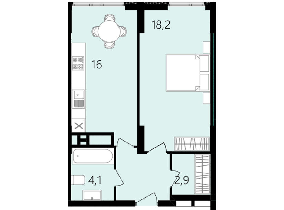 Планировка 1-комнатной квартиры в ЖК Лесопарковый 45.6 м², фото 234337 Планировка 1-комнатной квартиры в ЖК Лесопарковый 45.6 м², фото 234337