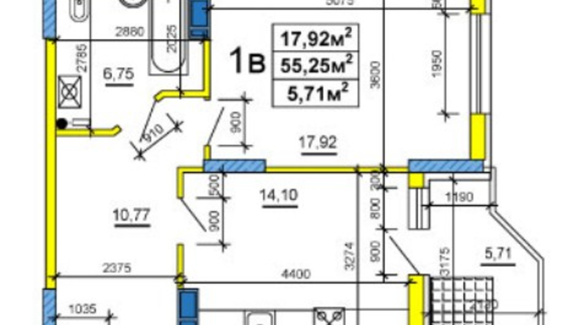 Планування 1-кімнатної квартири в ЖК вул. Смілянська, 48, 50, 54 55.83 м², фото 234764