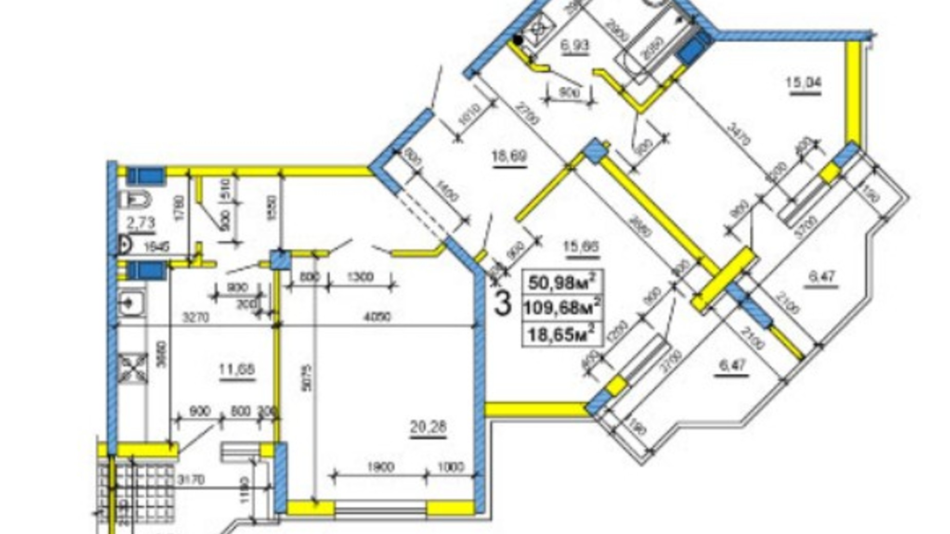 Планировка 3-комнатной квартиры в ЖК ул. Смелянская, 48, 50, 54 108.4 м², фото 234776