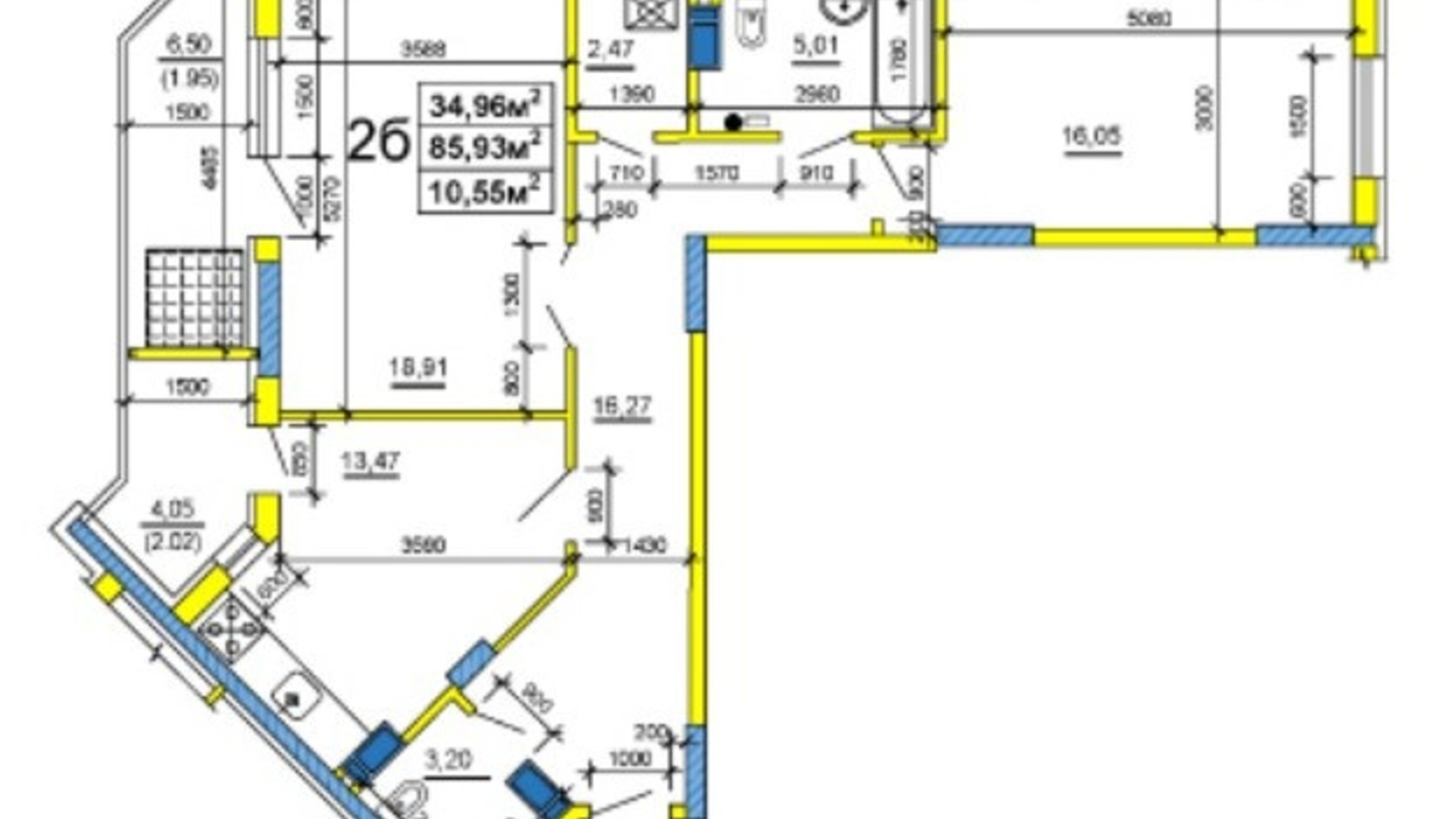 Планировка 2-комнатной квартиры в ЖК ул. Смелянская, 48, 50, 54 85.93 м², фото 234779