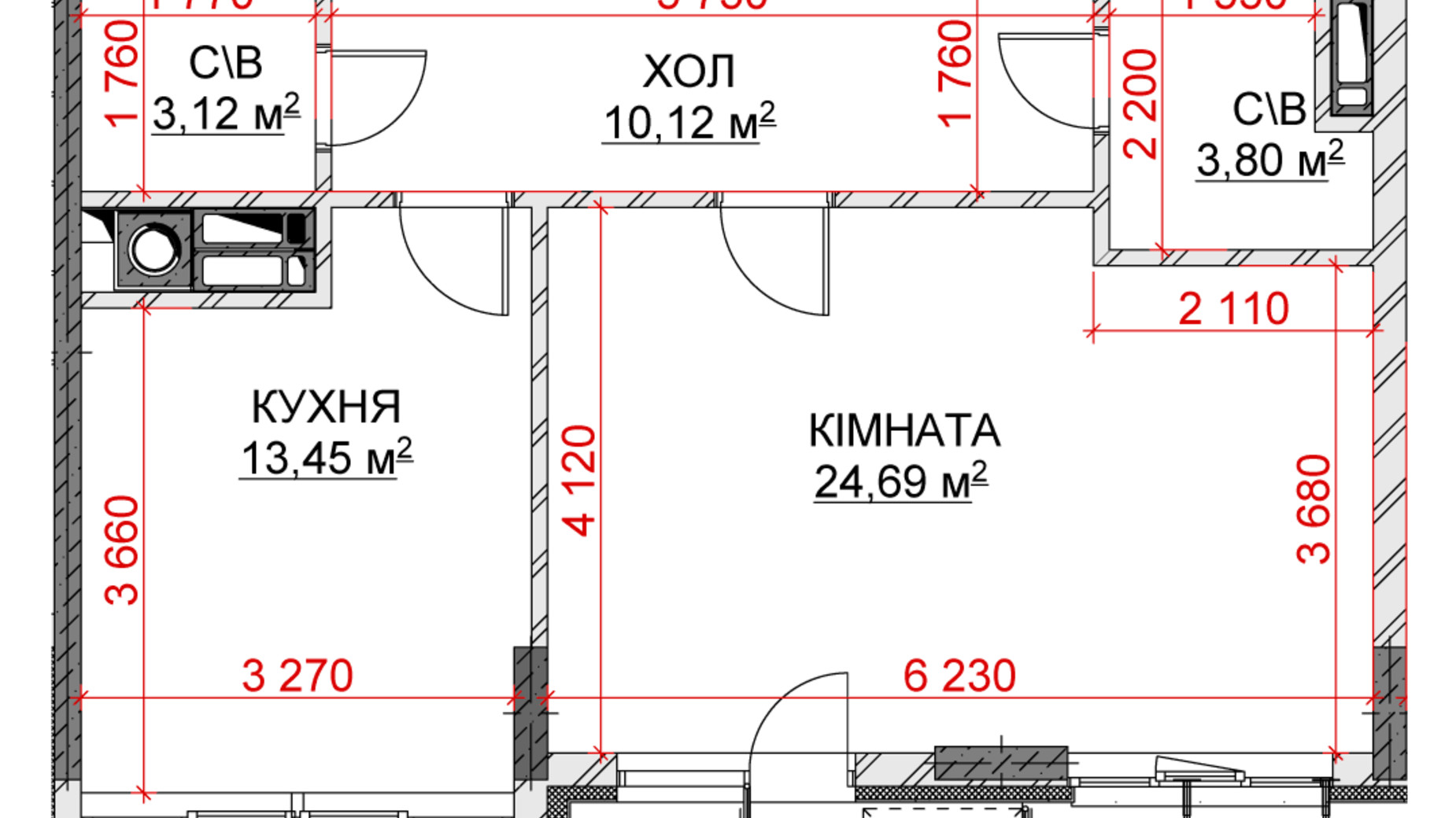 Планировка 1-комнатной квартиры в ЖК Riverside 55.95 м², фото 235058