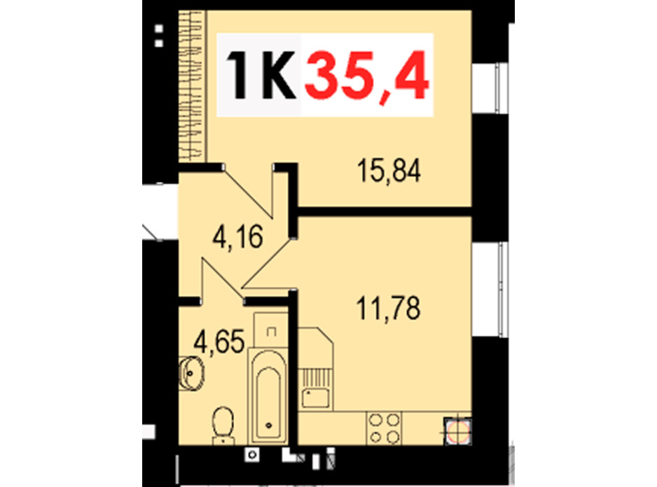 Планування 1-кімнатної квартири в ЖК Стожари 35.4 м², фото 235128 Планування 1-кімнатної квартири в ЖК Стожари 35.4 м², фото 235128