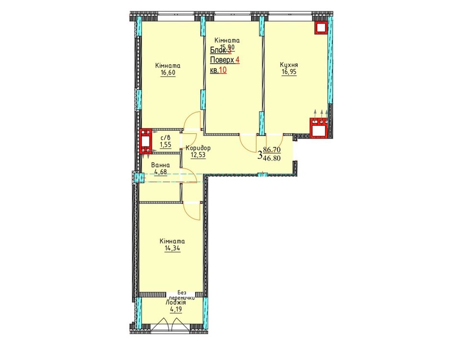 Планування 3-кімнатної квартири в ЖК Водограй 86.7 м², фото 235160 Планування 3-кімнатної квартири в ЖК Водограй 86.7 м², фото 235160