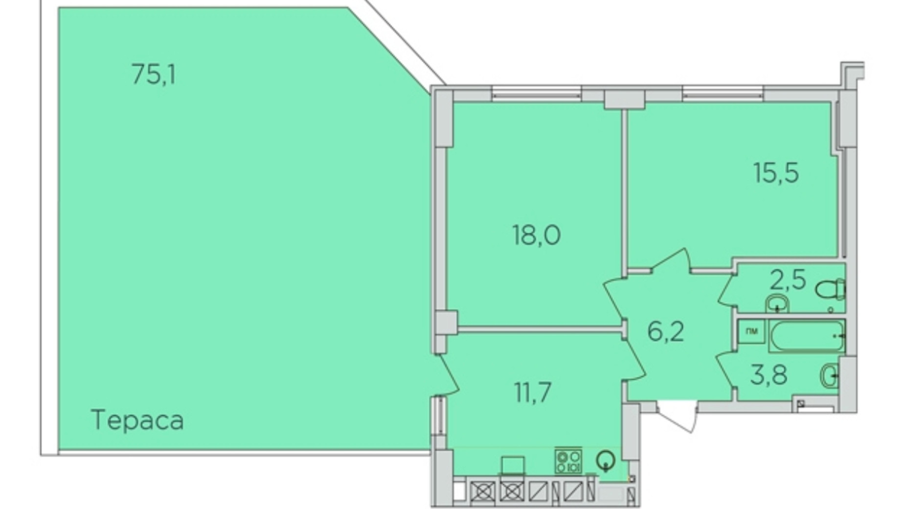 Планування 2-кімнатної квартири в ЖК 360 79.7 м², фото 235478