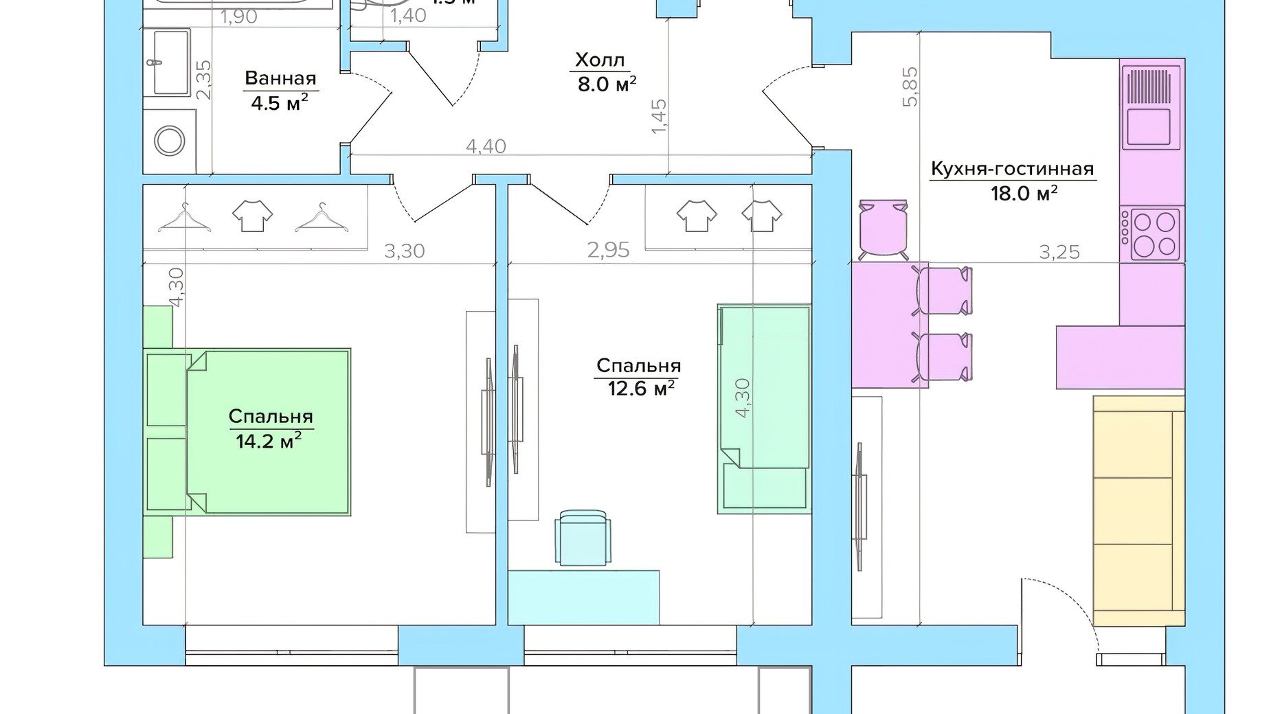 Планування 2-кімнатної квартири в ЖК Vesna 59.3 м², фото 235488