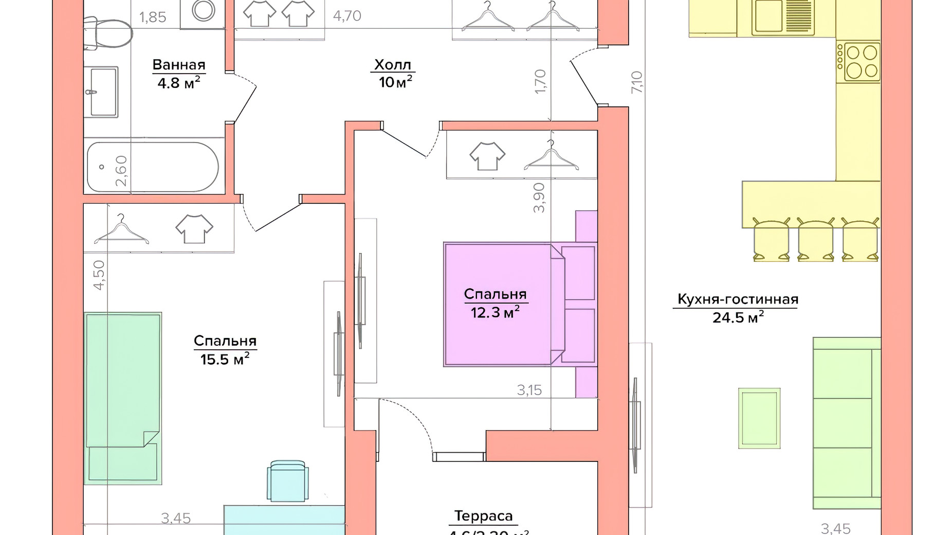 Планування 2-кімнатної квартири в ЖК Vesna 68.1 м², фото 235491