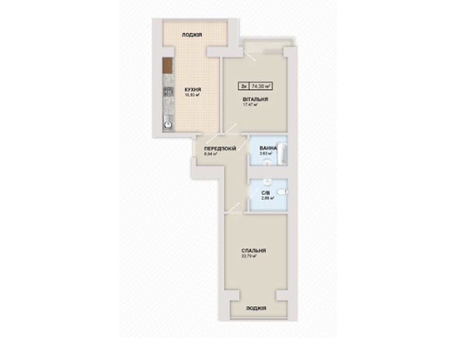 Планировка 2-комнатной квартиры в ЖК Містечко Козацьке 74.3 м², фото 235524 Планировка 2-комнатной квартиры в ЖК Містечко Козацьке 74.3 м², фото 235524