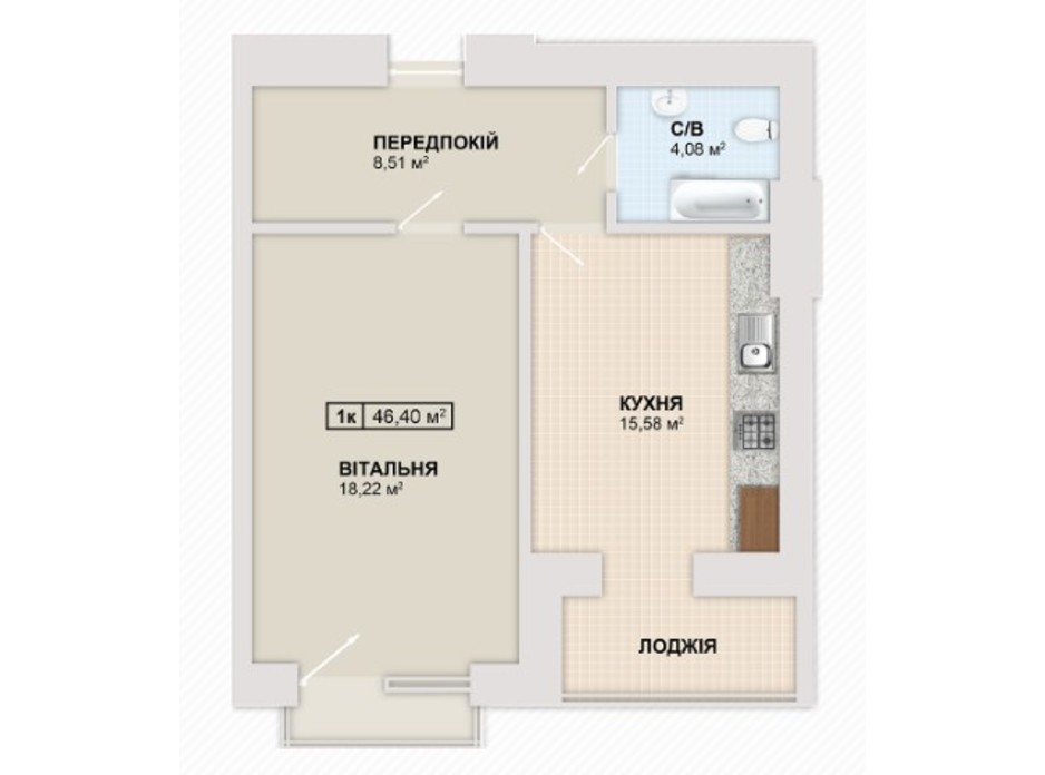 Планировка 1-комнатной квартиры в ЖК Містечко Козацьке 46.4 м², фото 235527 Планировка 1-комнатной квартиры в ЖК Містечко Козацьке 46.4 м², фото 235527
