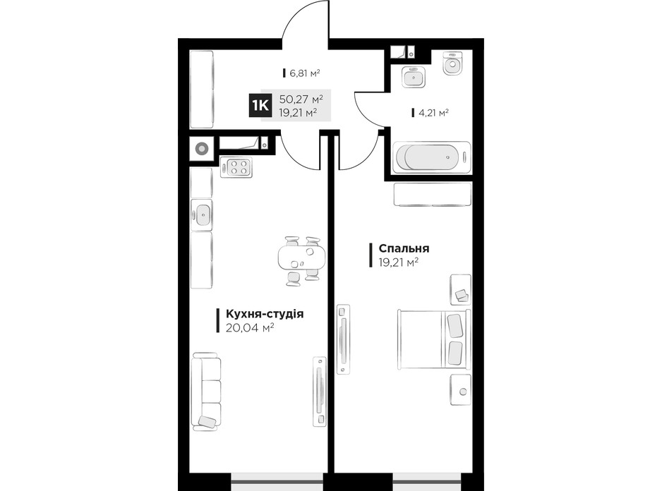 Планировка 1-комнатной квартиры в ЖК ARTHOUSE park 50.27 м², фото 235675 Планировка 1-комнатной квартиры в ЖК ARTHOUSE park 50.27 м², фото 235675