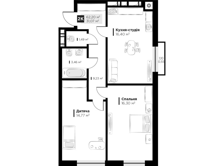 Планировка 2-комнатной квартиры в ЖК ARTHOUSE park 62.2 м², фото 235678 Планировка 2-комнатной квартиры в ЖК ARTHOUSE park 62.2 м², фото 235678