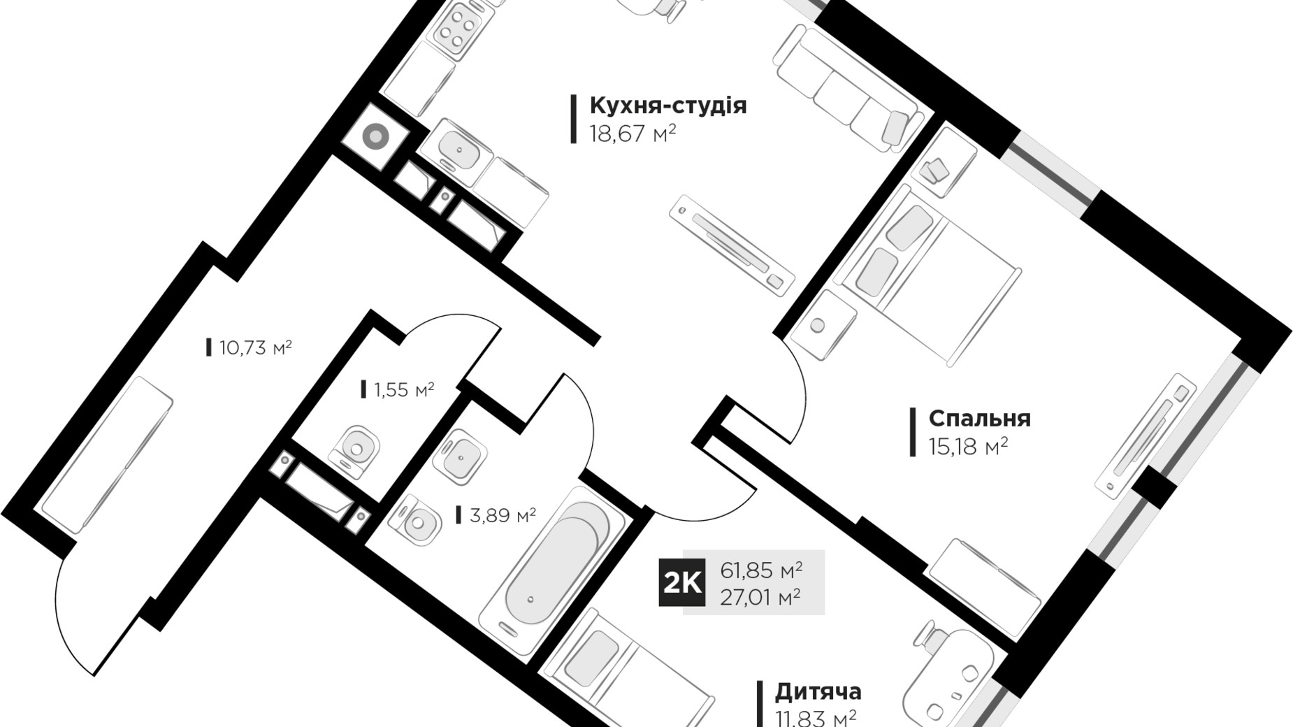 Планировка 2-комнатной квартиры в ЖК ARTHOUSE park 61.85 м², фото 235686