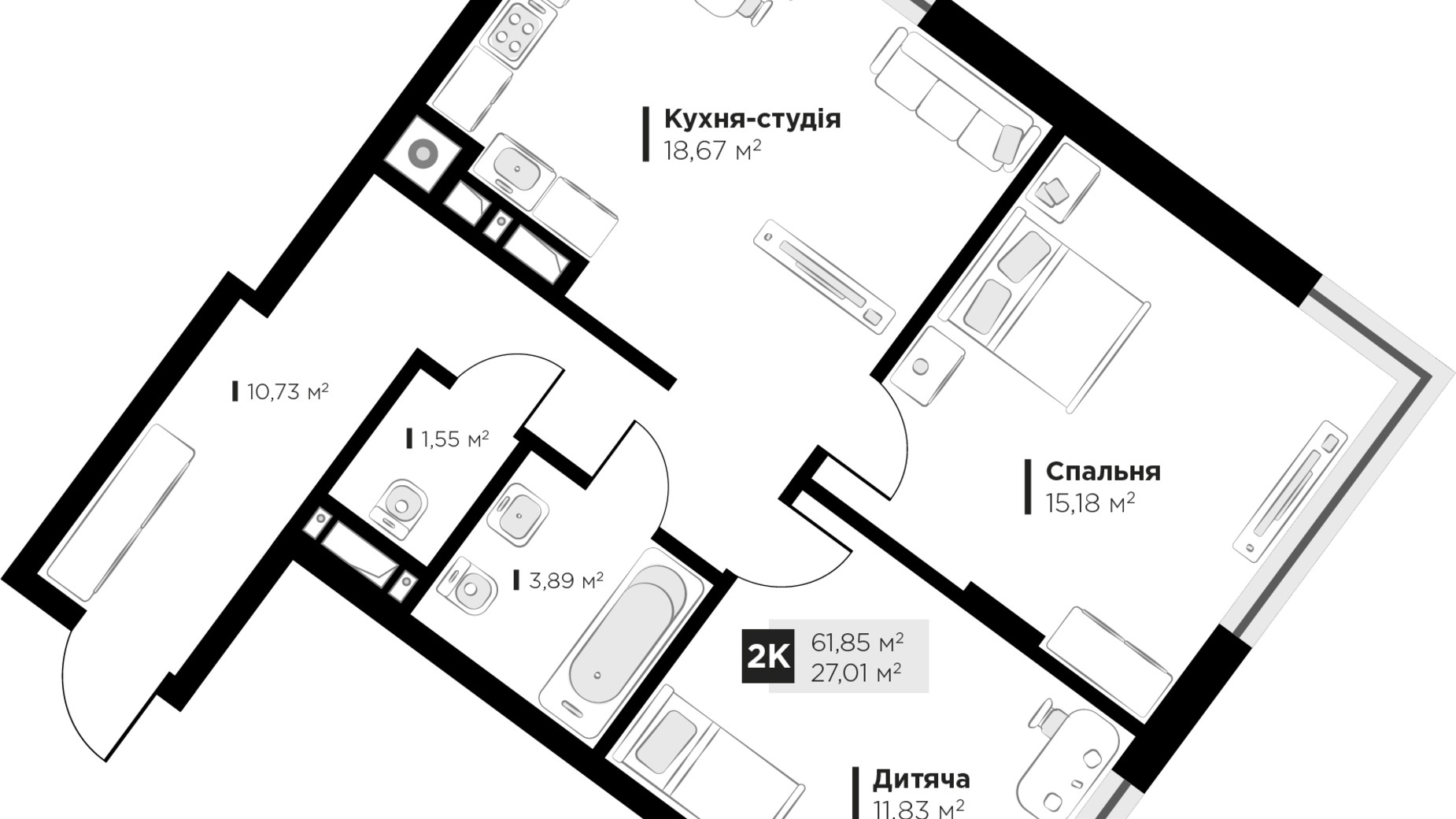 Планировка 2-комнатной квартиры в ЖК ARTHOUSE park 61.85 м², фото 235692