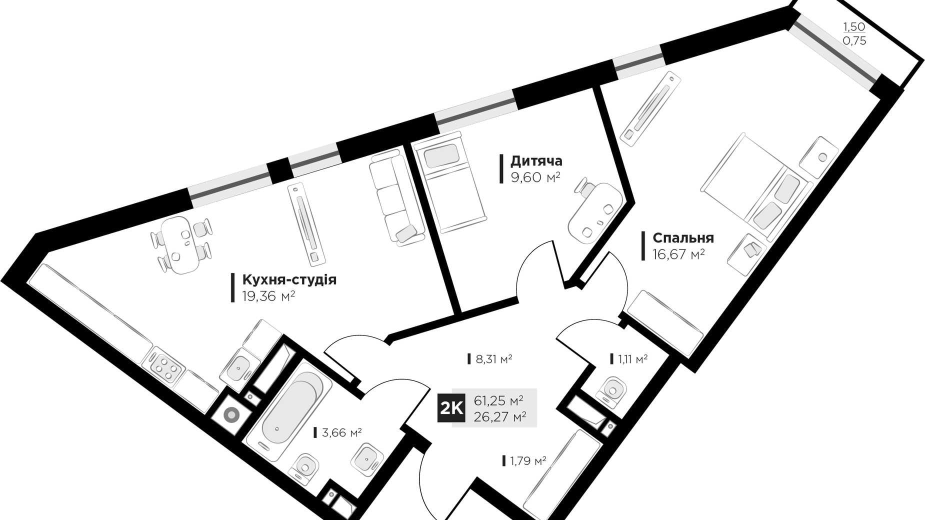 Планировка 2-комнатной квартиры в ЖК ARTHOUSE park 61.25 м², фото 235696