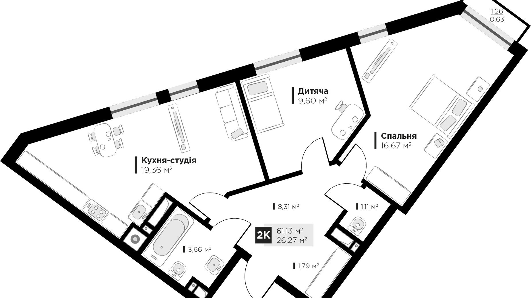 Планировка 2-комнатной квартиры в ЖК ARTHOUSE park 61.13 м², фото 235699