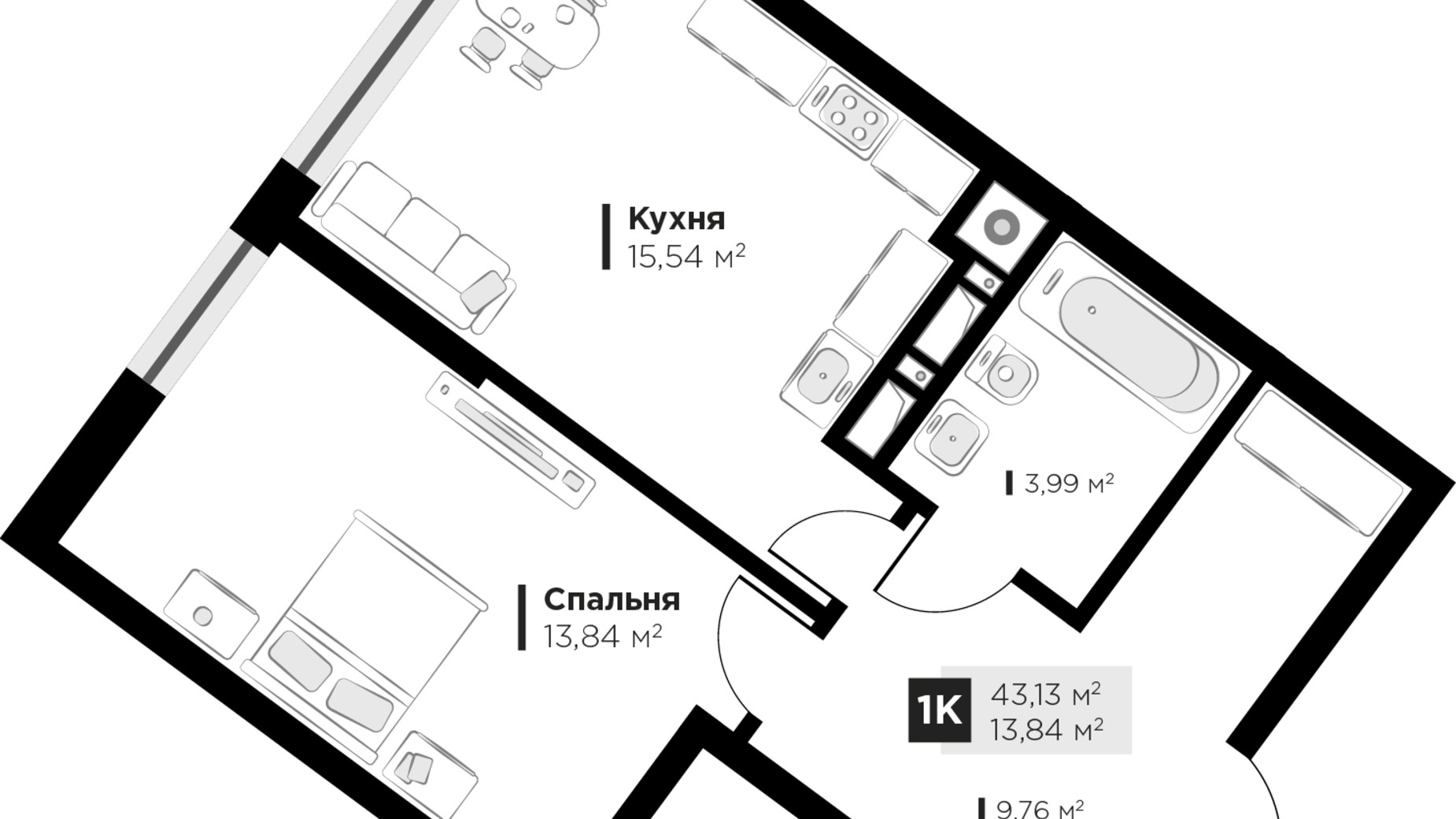 Планировка 1-комнатной квартиры в ЖК ARTHOUSE park 43.13 м², фото 235718