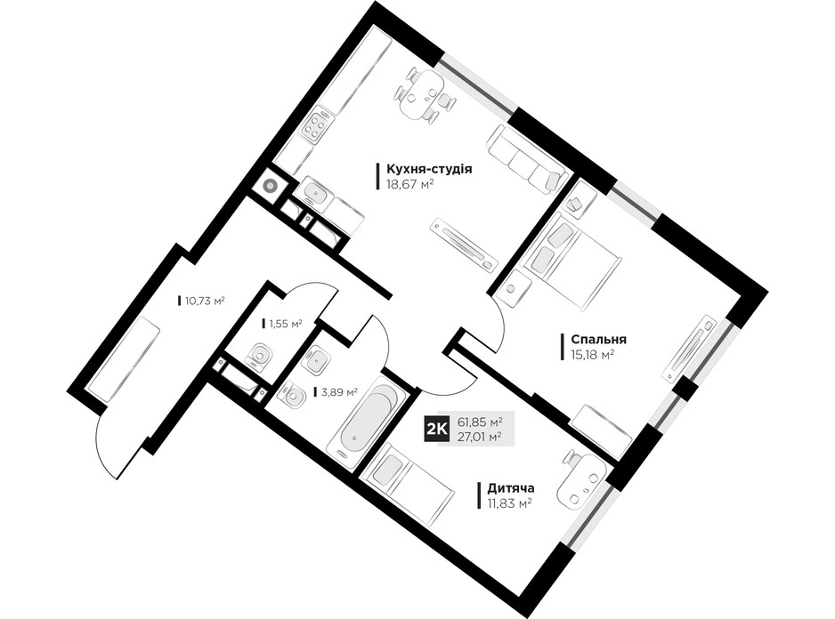 Планировка 2-комнатной квартиры в ЖК ARTHOUSE park 61.85 м², фото 235730 Планировка 2-комнатной квартиры в ЖК ARTHOUSE park 61.85 м², фото 235730